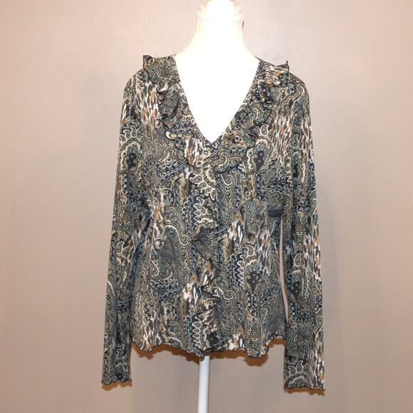 Laura Ashley Ruffle V-Neck Paisley Long Sleeve Top SZ L - Picture 1 of 7